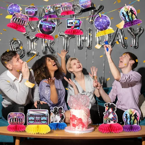 Vista 3 de 12 piezas de centros de mesa de panal de abeja para decoraciones de fiesta de los años 70, decoraciones de fiesta temática disco, centros de mesa