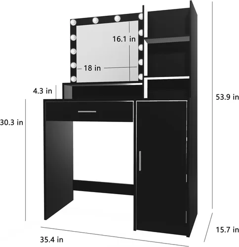 Vista 6 de Palimder Escritorio de tocador con espejo y luz, cajón grande y cómoda de almacenamiento de tres niveles, 3 modos de iluminación de brillo