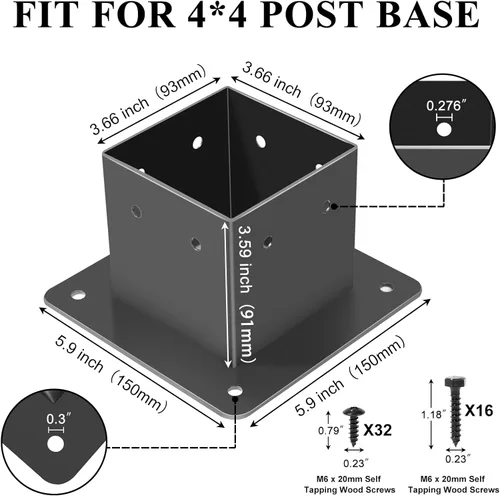 Vista 2 de Base de poste de 4 x 4, 4 soportes de poste (tamaño interior de 3.5 x 3.5 pulgadas), anclaje de acero resistente con recubrimiento en polvo negro