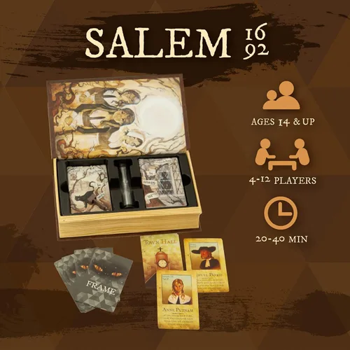 Vista 3 de Facade Games Salem 1692 Deluxe Edition, Witch Hunt for 4-12 Players Edades 14 y más, juego de deducción social, mejoras de lujo: martillo de metal