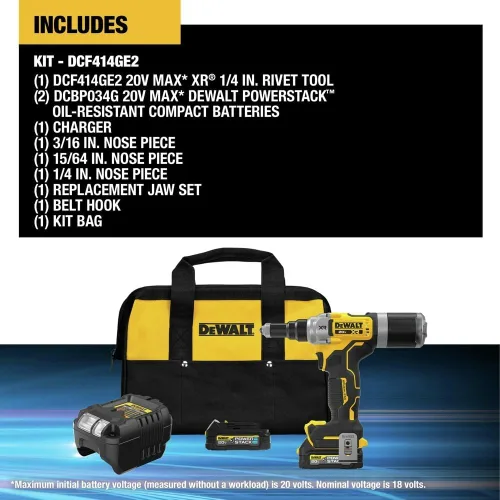 Vista 2 de DEWALT Herramienta de remache inalámbrica MAX XR de 20 V, 1/4 de pulgada, batería y cargador incluidos (DCF414GE2)