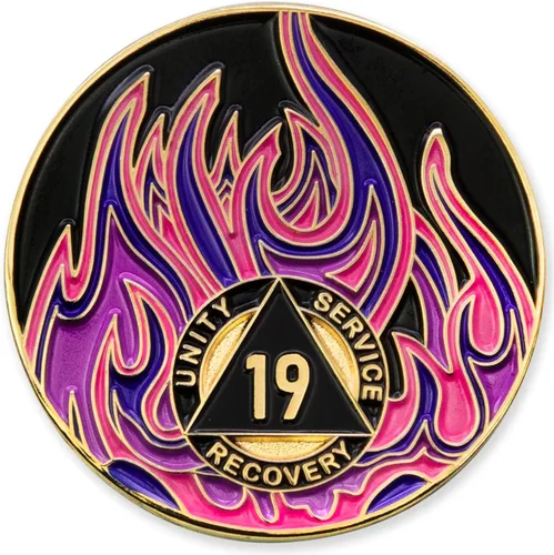 Vista 21 de Medallón de recuperación AA chapado en oro de 1 año Twisted Flames - Negro/Rojo/Naranja/Amarillo