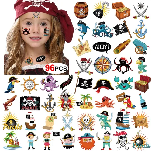 Tatuajes de pirata (96 piezas), tatuaje temporal pirata de Konsait, polvo de cañón pirata, Jake, Capitán, tatuaje corporal, para pirata, suministros