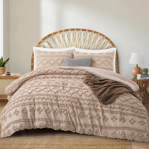 Vista 9 de Oli Anderson Juego de Edredón Beige Queen Acolchado Juego de Ropa de Cama Queen 3 Piezas, Edredón Boho Shabby Chic con 2 Fundas de Almohada