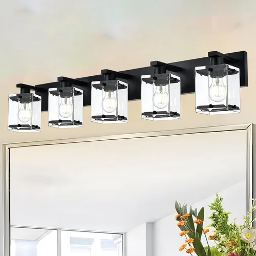 Vista 19 de Lámpara de pared de 2 luces, lámpara de tocador de baño de níquel cepillado con vidrio esmerilado rectangular para sobre espejo, base de bombilla E26