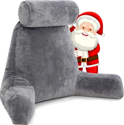 Husband Pillow Backrest with Arms - Adult Reading Pillow with Shredded Memory Foam, Ultra-Comfy Removable Microplush Cover & Detachable Neck Roll -