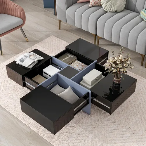 Vista 3 de P PURLOVE Mesa auxiliar para sala de estar, mesa de cóctel cuadrada con 4 compartimentos de almacenamiento ocultos y mesa deslizante extensible