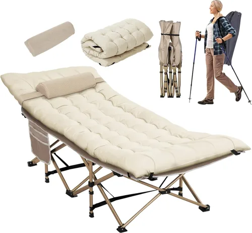 Vista 9 de Paquete de 2 catres de camping plegables anchos con almohada y colchón extra grueso de 3 pulgadas, catres para dormir 900 libras, cama de campamento