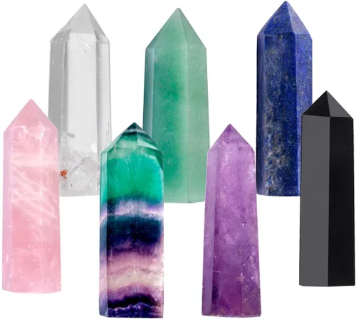 mookaitedecor 7 varitas de cristal curativo de 2 pulgadas, amatista, cuarzo de roca, cuarzo rosa, obsidiana negra, lapislázuli, aventurina verde,