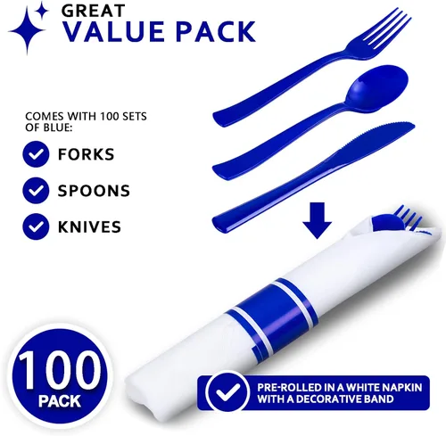 Vista 2 de Juego de 400 cubiertos de plástico azul preenrollados, cubiertos azules resistentes, incluye 100 utensilios desechables envueltos con servilletas