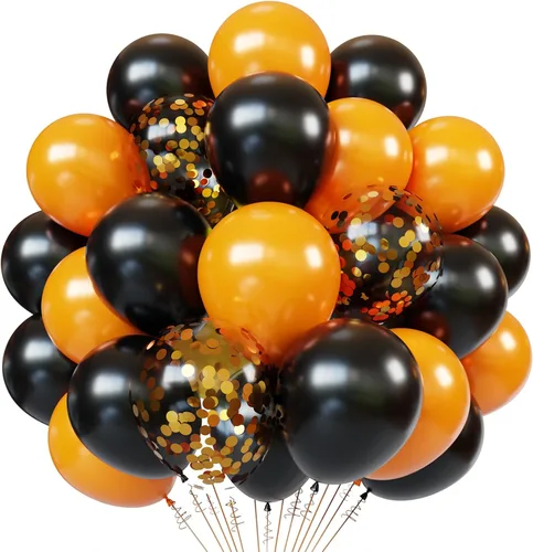 Globos de látex naranjas y negros, 65 unidades de 12 pulgadas con confeti naranja y negro, con 1 cinta para decoraciones de Halloween, cumpleaños,
