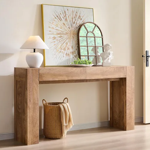 Vista 9 de OKD Moderna mesa consola de entrada, mesa de sofá con cajones, mesa de pasillo de 63 pulgadas de largo detrás del sofá, diseño de madera gruesa