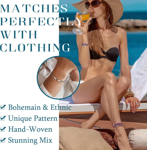 Vista 2 de Florideco Tobillera de estilo bohemio con cuentas ajustables, hecha a mano, trenzada, colorida tobillera de cuerda de verano, impermeable