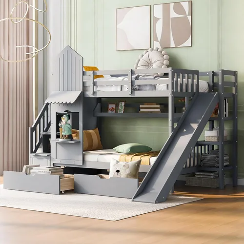Vista 27 de Cama de casa de tamaño individual con elegantes ventanas y estantería, litera con diseño de castillo de madera con barandillas de seguridad