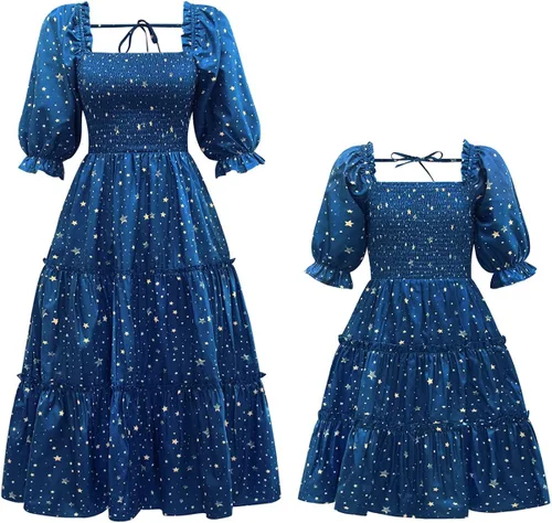 Mommy and Me - Vestidos a juego con estampado floral y mangas de farol, vestido largo acampanado para mamá e hija