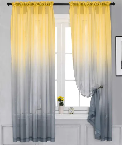 Vista 9 de Yancorp Cortinas Transparentes Semi Cortinas de Dormitorio de 63 pulgadas de Largo, Cortinas de Lino Azul Beige Degradado con Bolsillo para Barra
