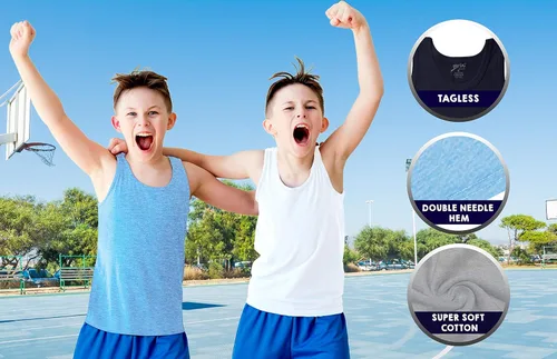 Vista 6 de Brix Camiseta sin mangas para niños, sin etiquetas, 100% algodón, súper suave, paquete de 4 novedades.