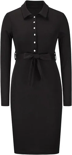 Vista 4 de Women Long Sleeve V Neck Knitted Dress Button Up Ribbed Turn Down Collar Bodycon Dresses with Belt