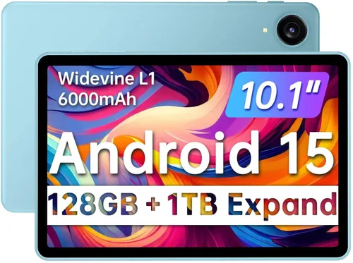 JIKOCXN Tableta Android 15 de 10.1 pulgadas, 128 GB de almacenamiento 1TB Expand, procesadores Octa-Core, 6000mAh, Widevine L1, GPS, cámara dual,
