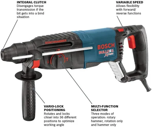 Vista 2 de BOSCH 11255VSR Bulldog Xtreme 8 Amp 1 pulgada con cable de velocidad variable SDS-Plus martillo giratorio para hormigón/mampostería y Bosch HCK001 7