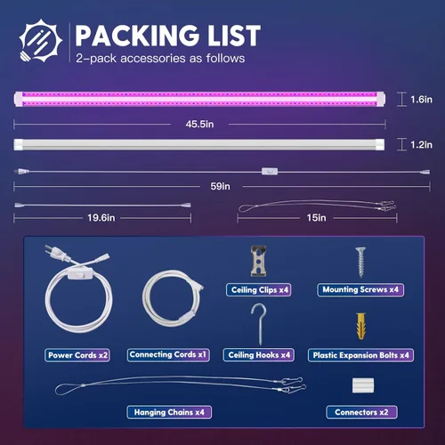 Vista 8 de FREELICHT 2 Pack 4FT LED Grow Light, 40W (250W Equivalent), Red Blue (660nm+460nm) Full Spectrum Grow Light for Indoor Plants, Linkable Plug in