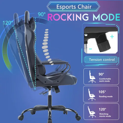 Vista 5 de PayLessHere Silla de escritorio ergonómica de carreras para juegos y computadora con apoyabrazos, silla de escritorio de trabajo giratoria 360°