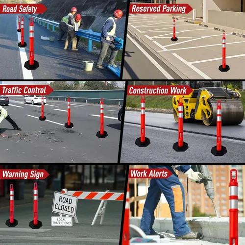 Vista 8 de CJ Safety (Paquete de 6 juegos) Cono de poste de delineador naranja de 45 pulgadas con base de goma negra resistente de 10 libras, 2 bandas