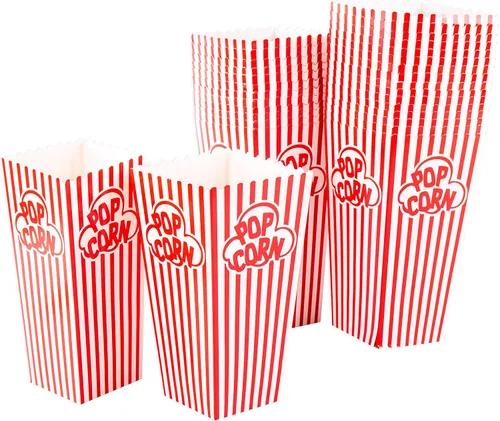 Vista 3 de GSM Brands Cajas de contenedores de palomitas de maíz (paquete de 100) – papel blanco y rojo a rayas – para cine en casa