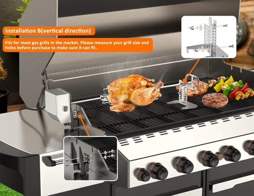 Vista 4 de Kit de rotisería OnlyFire de acero inoxidable con accesorios para parrilla y motor eléctrico de 6 vatios 110V para parrillas de gas - Varilla