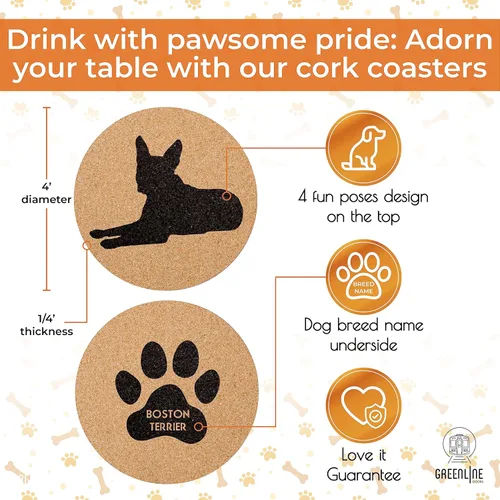 Vista 4 de Boston Terrier Lovers - Juego de 4 posavasos de corcho con parte inferior protectora Decoración de perro para bebidas Gran idea de regalo