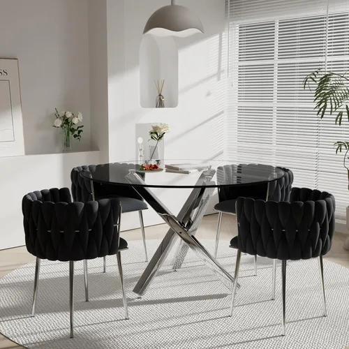 Vista 10 de Juego de mesa de comedor de cristal redondo dorado de 5 piezas, 39 pulgadas con tapa de cristal transparente para 4, mesa de cocina circular de lujo