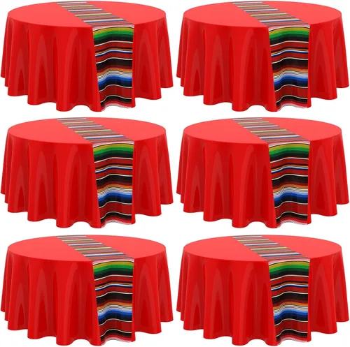 Vista 9 de Oudain Mantel de plástico de 84 pulgadas, impermeable, redondo, a rayas, para carnaval mexicano, boda, taco, lotería, decoración de fiesta (negro)