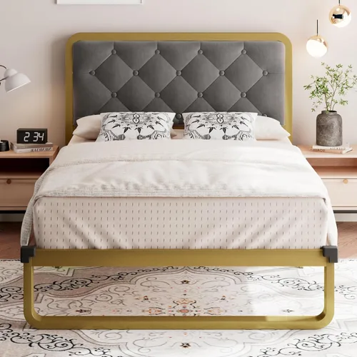 Vista 3 de iPormis Base de cama de metal de tamaño individual con cabecera capitoné de terciopelo con botones, marco de cama de plataforma curvada, soporte