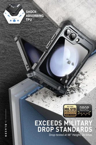 Vista 8 de i-Blason Funda magnética para Samsung Galaxy Z Flip 5 con soporte, protector de pantalla integrado, protección de bisagra, protección de cuerpo Negro