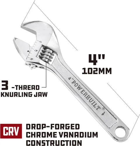Vista 2 de Powerbuilt Llave ajustable de 4 pulgadas, llave de fontanería de apertura de mandíbula ancha, marcas de mandíbula preajuste fácil de leer, mango