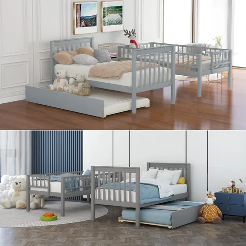 Vista 133 de Harper & Bright Designs Litera de tamaño matrimonial sobre matrimonial con 3 cajones, litera de madera maciza con almacenamiento y riel de Gris