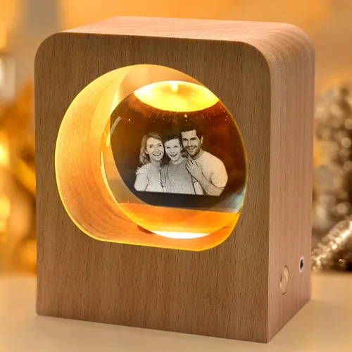 Cristal fotográfico 3D personalizado, grabado con imágenes 3D personalizadas en bola de fotos de vidrio en memoria con base de madera de luz LED