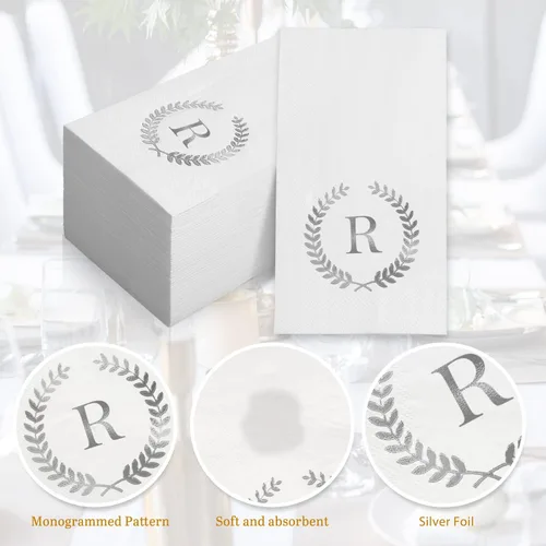 Vista 4 de Paquete de 200 servilletas desechables con monograma de papel de aluminio plateado con letra R para invitados, toallas de papel desechables