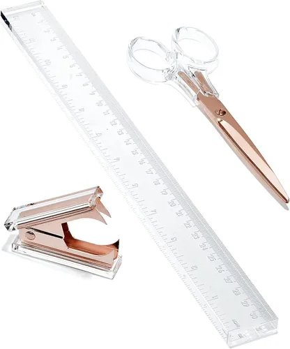 Vista 9 de OfficeGoods Juego de escritorio de acrílico de 3 piezas, incluye regla, removedor de grapas, tijeras, accesorios de escritorio funcionales