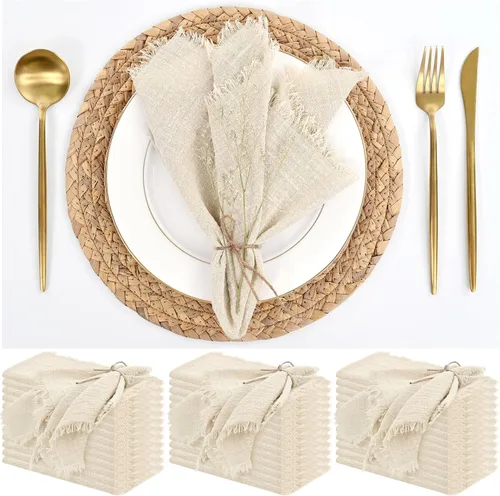 Vista 15 de Paquete de 12 servilletas de lino y algodón beige de 16 x 16 pulgadas, hechas a mano con flecos, servilletas de tela suave, lavables y rústicas