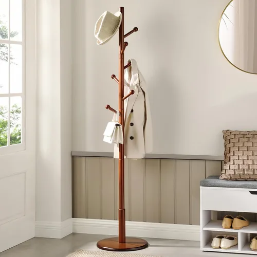 Vista 2 de VASAGLE Perchero de madera maciza, perchero independiente con 7 ganchos, 3 opciones de altura, para abrigos, sombreros, bolsos, bolsos, para Nogal