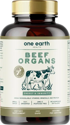 One Earth Health Nueva Zelanda 100% órganos de carne de res alimentados con pasto – (200 unidades, 3,000 mg de porciones) Hígado, corazón, riñón
