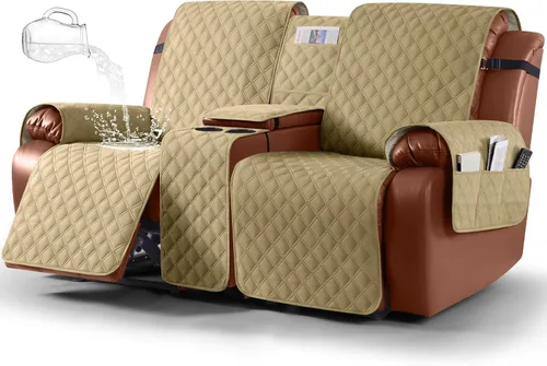 Vista 13 de Ruaozz Funda impermeable para sofá biplaza reclinable con consola, funda antideslizante para sofá reclinable dividido, con correas elásticas, Beige
