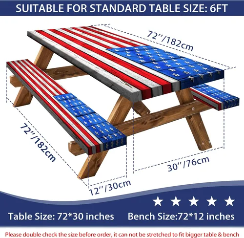 Vista 2 de Juego de fundas para mesa de picnic con bandera estadounidense con textura de madera, impermeable, resistente al viento, para campamento, manteles