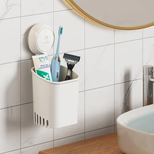 Vista 10 de LEVERLOC Potente soporte para cepillo de dientes con ventosa, soporte de ducha de pared sin taladros para cepillo de dientes, pasta de dientes