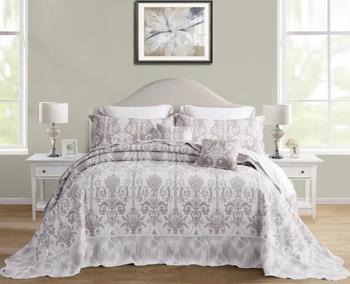 Vista 3 de Edredón extragrande para cama King, diseño de patrón damasco matelasse de jacquard, ligero, reversible, 5 piezas, 100% microfibra, pasta de frijol