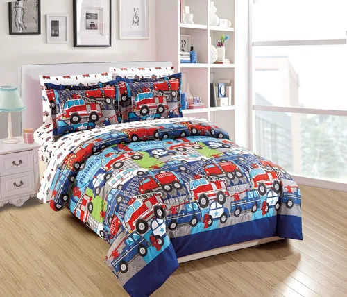 Juego de edredón para niños, héroes, bomberos, camiones de bomberos, policía, coche, ambulancia, paramédico, azul marino, rojo, blanco, azul claro,
