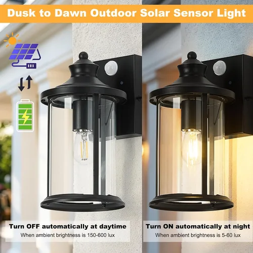 Vista 2 de OKELI Luces de porche para exteriores, con sensor de movimiento del atardecer al amanecer, farol solar de pared, panel separado y batería Negro B
