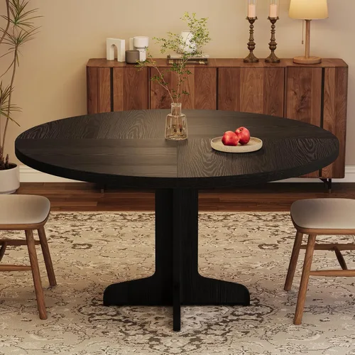 Vista 5 de IDEALHOUSE Mesa de comedor redonda para 4, mesa de comedor de 47 pulgadas con base de madera, mesa de comedor circular de cocina para comedor, Negro
