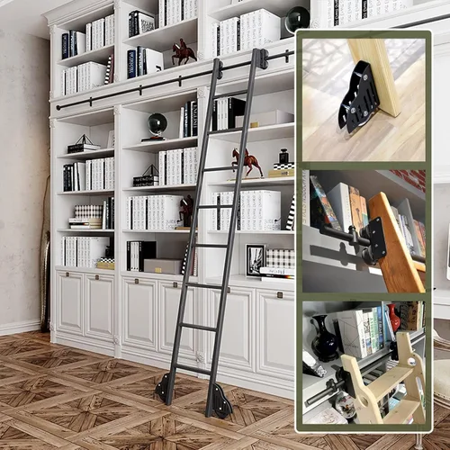 Vista 5 de Luyckfrazy Rolling Library Ladder Hardware Kit Warehouse Bar Closet Sliding Ladder Kit with Floor Roller Wheels (No Ladder) Sliding Barn Door